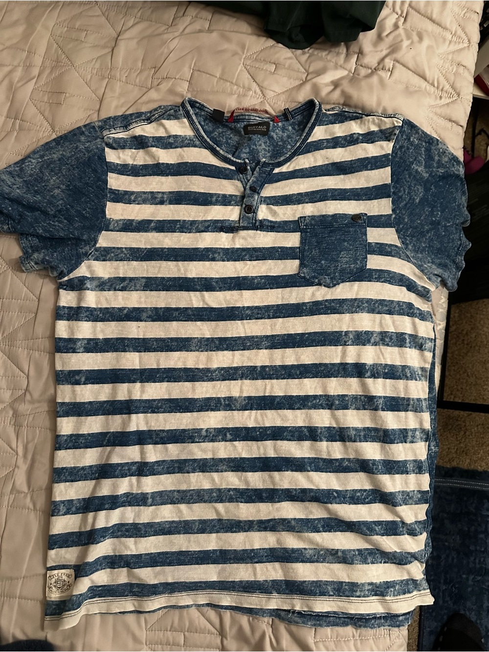 Acid Wash Striped Blue & White Henley Pocket Shirt Mens Small